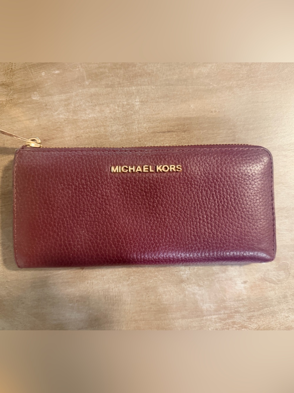 Michael Kors Burgundy Leather Zip Wallet with Gold Logo